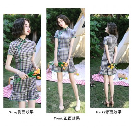 Fishtail Plaid Purple Green Mini Qipao Dress 3043-80 Fishtail Plaid Purple Green Mini Qipao Dress 3043-80