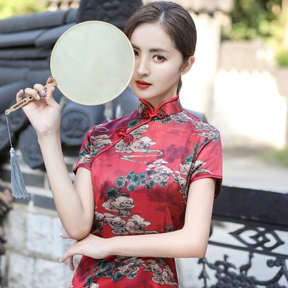 Poly Satin Red Vintage Midi Cheongsam 1039-28 Poly Satin Red Vintage Midi Cheongsam 1039-28