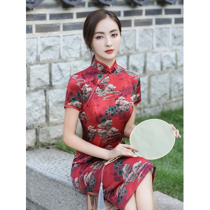 Poly Satin Red Vintage Midi Cheongsam 1039-28 Poly Satin Red Vintage Midi Cheongsam 1039-28