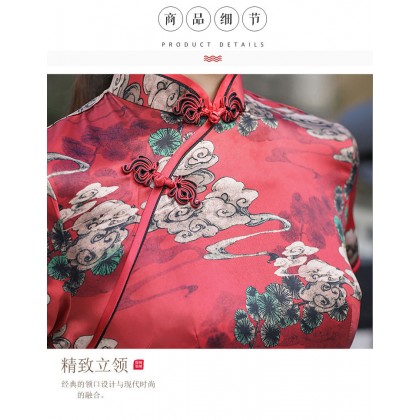 Poly Satin Red Vintage Midi Cheongsam 1039-28 Poly Satin Red Vintage Midi Cheongsam 1039-28
