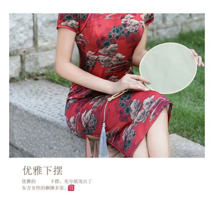 Poly Satin Red Vintage Midi Cheongsam 1039-28 Poly Satin Red Vintage Midi Cheongsam 1039-28