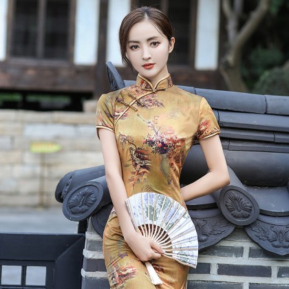 Polyester Satin Gold Vintage Midi Cheongsam 1039-48
