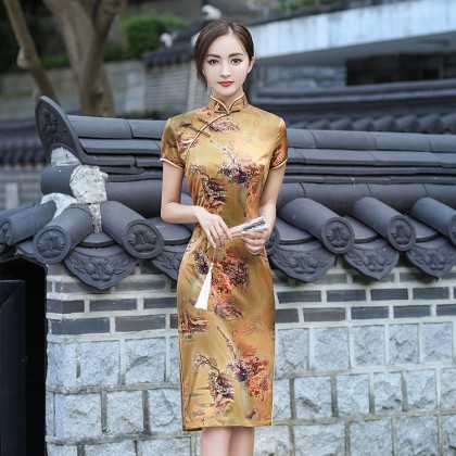 Polyester Satin Gold Vintage Midi Cheongsam 1039-48