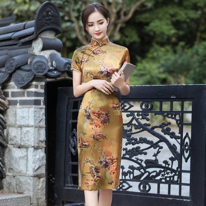 Polyester Satin Gold Vintage Midi Cheongsam 1039-48