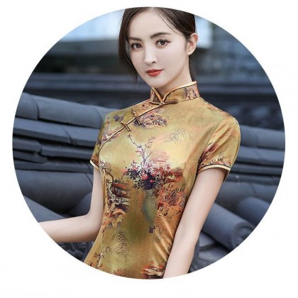 Polyester Satin Gold Vintage Midi Cheongsam 1039-48