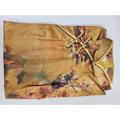 Polyester Satin Gold Vintage Midi Cheongsam 1039-48