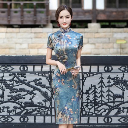 Polyester Satin Blue Plum Blossom Midi Cheongsam 1039-70 Polyester Satin Blue Plum Blossom Midi Cheongsam 1039-70