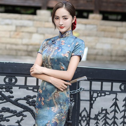 Polyester Satin Blue Plum Blossom Midi Cheongsam 1039-70 Polyester Satin Blue Plum Blossom Midi Cheongsam 1039-70