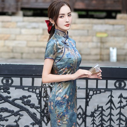 Polyester Satin Blue Plum Blossom Midi Cheongsam 1039-70 Polyester Satin Blue Plum Blossom Midi Cheongsam 1039-70