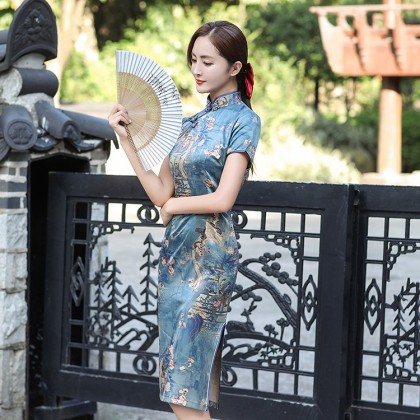 Polyester Satin Blue Plum Blossom Midi Cheongsam 1039-70 Polyester Satin Blue Plum Blossom Midi Cheongsam 1039-70
