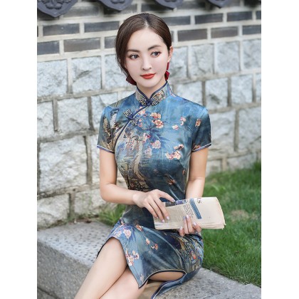 Polyester Satin Blue Plum Blossom Midi Cheongsam 1039-70 Polyester Satin Blue Plum Blossom Midi Cheongsam 1039-70