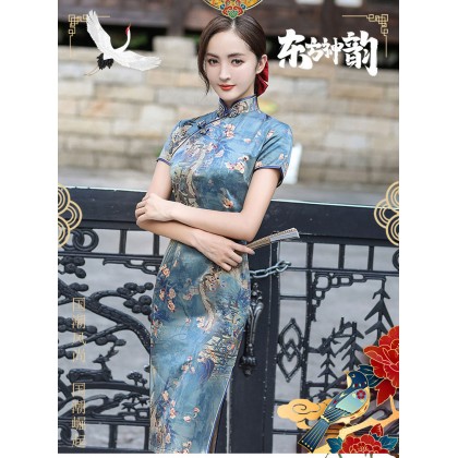 Polyester Satin Blue Plum Blossom Midi Cheongsam 1039-70 Polyester Satin Blue Plum Blossom Midi Cheongsam 1039-70