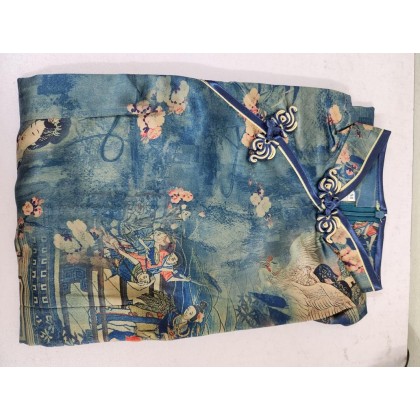 Polyester Satin Blue Plum Blossom Midi Cheongsam 1039-70 Polyester Satin Blue Plum Blossom Midi Cheongsam 1039-70