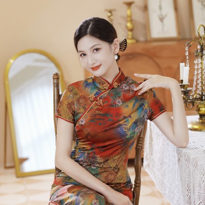 Poly Satin Orange Vintage Maxi Cheongsam 1040-30 Poly Satin Orange Vintage Maxi Cheongsam 1040-30