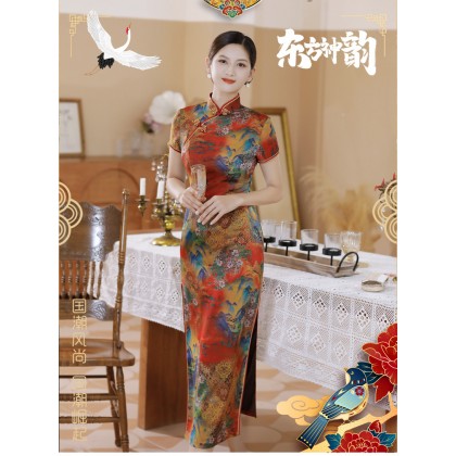 Poly Satin Orange Vintage Maxi Cheongsam 1040-30 Poly Satin Orange Vintage Maxi Cheongsam 1040-30
