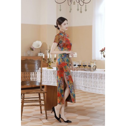 Poly Satin Orange Vintage Maxi Cheongsam 1040-30 Poly Satin Orange Vintage Maxi Cheongsam 1040-30
