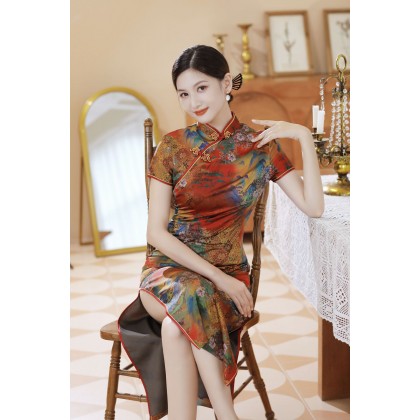 Poly Satin Orange Vintage Maxi Cheongsam 1040-30 Poly Satin Orange Vintage Maxi Cheongsam 1040-30