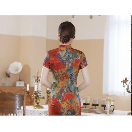 Poly Satin Orange Vintage Maxi Cheongsam 1040-30 Poly Satin Orange Vintage Maxi Cheongsam 1040-30