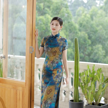 Polyester Satin Elegant Blue Vintage Maxi Cheongsam 1040-70 Polyester Satin Elegant Blue Vintage Maxi Cheongsam 1040-70