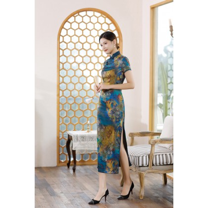 Polyester Satin Elegant Blue Vintage Maxi Cheongsam 1040-70 Polyester Satin Elegant Blue Vintage Maxi Cheongsam 1040-70