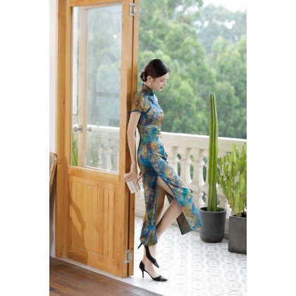 Polyester Satin Elegant Blue Vintage Maxi Cheongsam 1040-70 Polyester Satin Elegant Blue Vintage Maxi Cheongsam 1040-70