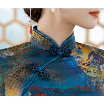 Polyester Satin Elegant Blue Vintage Maxi Cheongsam 1040-70 Polyester Satin Elegant Blue Vintage Maxi Cheongsam 1040-70