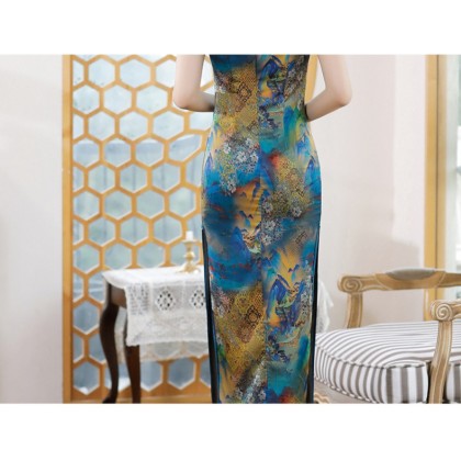 Polyester Satin Elegant Blue Vintage Maxi Cheongsam 1040-70 Polyester Satin Elegant Blue Vintage Maxi Cheongsam 1040-70