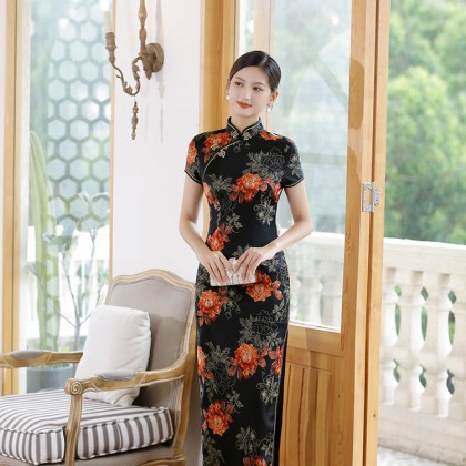 Polyester Satin Elegant Black Vintage Maxi Cheongsam 1040-99 Polyester Satin Elegant Black Vintage Maxi Cheongsam 1040-99