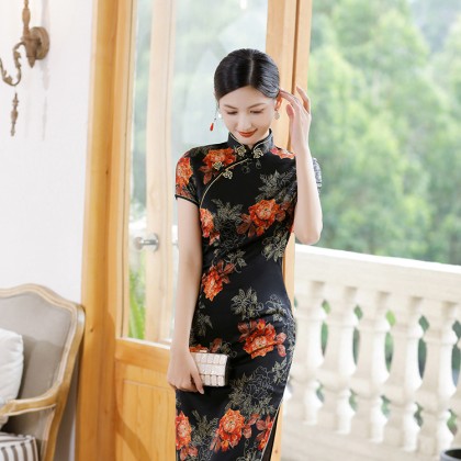 Polyester Satin Elegant Black Vintage Maxi Cheongsam 1040-99 Polyester Satin Elegant Black Vintage Maxi Cheongsam 1040-99