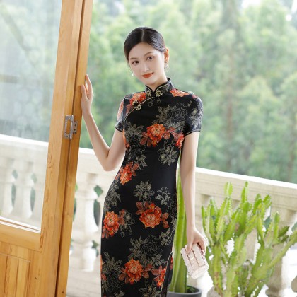 Polyester Satin Elegant Black Vintage Maxi Cheongsam 1040-99 Polyester Satin Elegant Black Vintage Maxi Cheongsam 1040-99