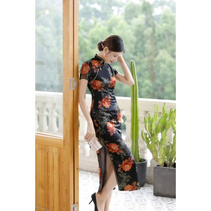 Polyester Satin Elegant Black Vintage Maxi Cheongsam 1040-99 Polyester Satin Elegant Black Vintage Maxi Cheongsam 1040-99