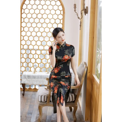 Polyester Satin Elegant Black Vintage Maxi Cheongsam 1040-99 Polyester Satin Elegant Black Vintage Maxi Cheongsam 1040-99