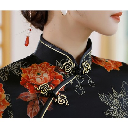 Polyester Satin Elegant Black Vintage Maxi Cheongsam 1040-99 Polyester Satin Elegant Black Vintage Maxi Cheongsam 1040-99