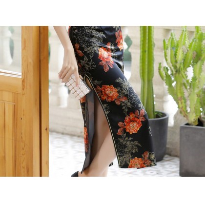 Polyester Satin Elegant Black Vintage Maxi Cheongsam 1040-99 Polyester Satin Elegant Black Vintage Maxi Cheongsam 1040-99