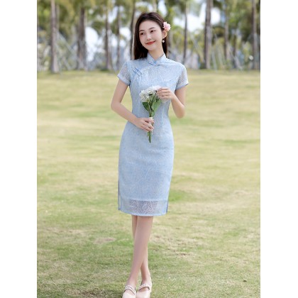 Fresh and Sweet Lace Light Blue Midi Cheongsam 1041-72 Fresh and Sweet Lace Light Blue Midi Cheongsam 1041-72