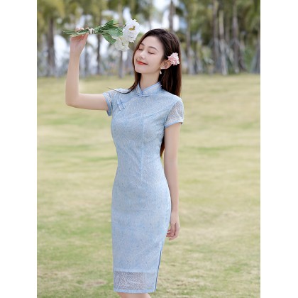 Fresh and Sweet Lace Light Blue Midi Cheongsam 1041-72 Fresh and Sweet Lace Light Blue Midi Cheongsam 1041-72