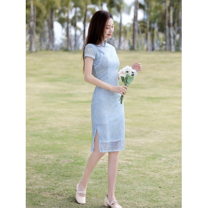 Fresh and Sweet Lace Light Blue Midi Cheongsam 1041-72 Fresh and Sweet Lace Light Blue Midi Cheongsam 1041-72