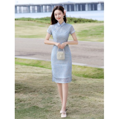 Fresh and Sweet Lace Light Blue Midi Cheongsam 1041-72 Fresh and Sweet Lace Light Blue Midi Cheongsam 1041-72