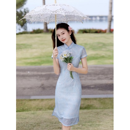 Fresh and Sweet Lace Light Blue Midi Cheongsam 1041-72 Fresh and Sweet Lace Light Blue Midi Cheongsam 1041-72