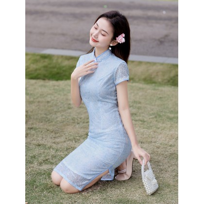 Fresh and Sweet Lace Light Blue Midi Cheongsam 1041-72 Fresh and Sweet Lace Light Blue Midi Cheongsam 1041-72
