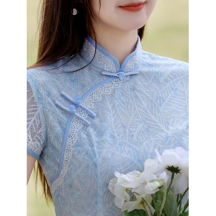 Fresh and Sweet Lace Light Blue Midi Cheongsam 1041-72 Fresh and Sweet Lace Light Blue Midi Cheongsam 1041-72