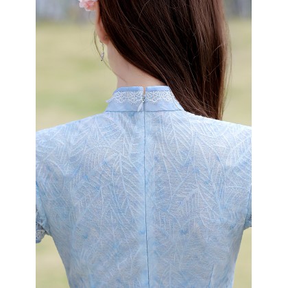 Fresh and Sweet Lace Light Blue Midi Cheongsam 1041-72 Fresh and Sweet Lace Light Blue Midi Cheongsam 1041-72