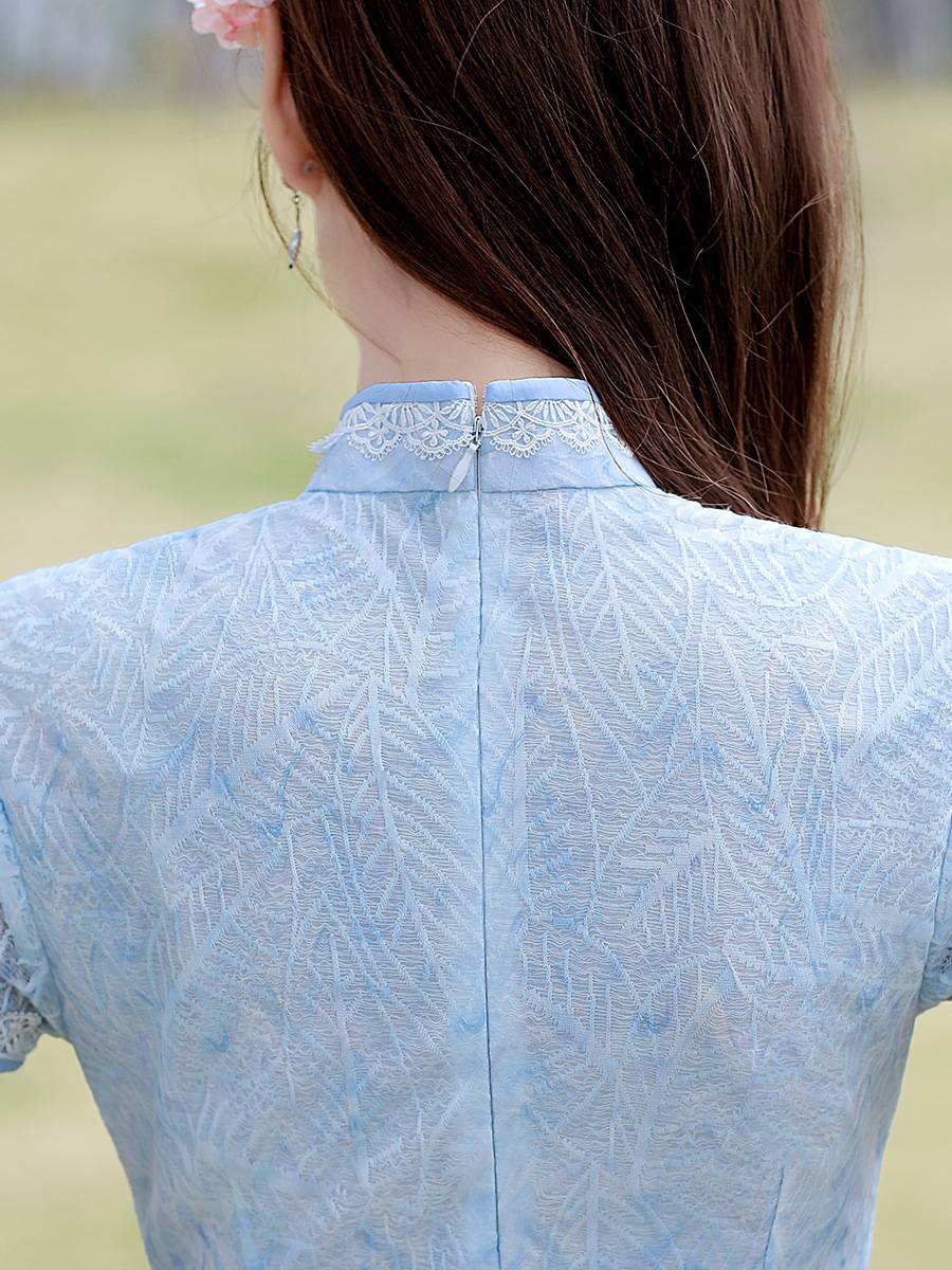 The Cheongsam Edit - 2 Pcs Shorts Set in Porcelain Blue