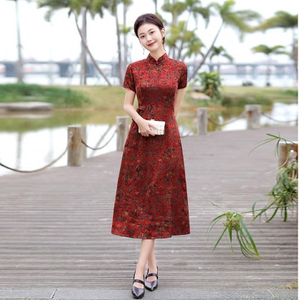 Hangzhou Vintage Faux Silk Red Cheongsam Dress 3045-28 Hangzhou Vintage Faux Silk Red Cheongsam Dress 3045-28