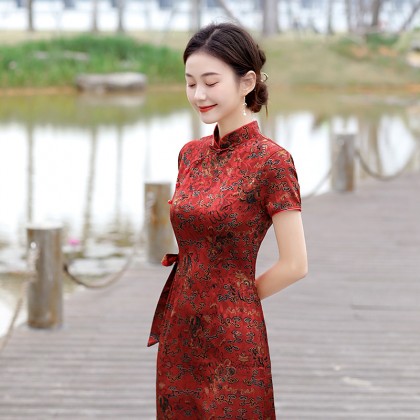 Hangzhou Vintage Faux Silk Red Cheongsam Dress 3045-28 Hangzhou Vintage Faux Silk Red Cheongsam Dress 3045-28