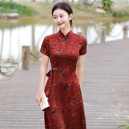 Hangzhou Vintage Faux Silk Red Cheongsam Dress 3045-28 Hangzhou Vintage Faux Silk Red Cheongsam Dress 3045-28