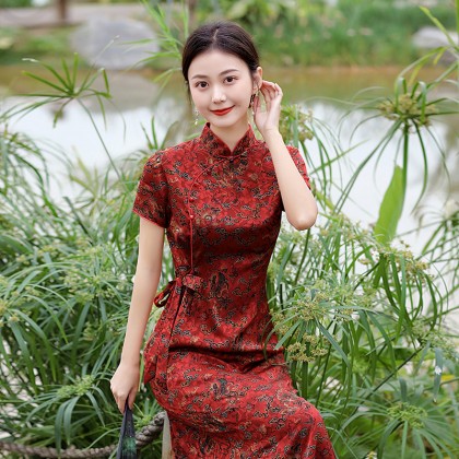 Hangzhou Vintage Faux Silk Red Cheongsam Dress 3045-28 Hangzhou Vintage Faux Silk Red Cheongsam Dress 3045-28