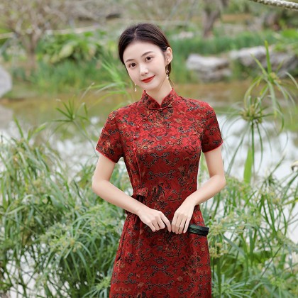 Hangzhou Vintage Faux Silk Red Cheongsam Dress 3045-28 Hangzhou Vintage Faux Silk Red Cheongsam Dress 3045-28