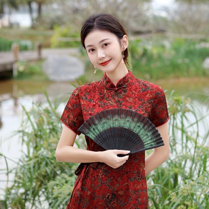 Hangzhou Vintage Faux Silk Red Cheongsam Dress 3045-28 Hangzhou Vintage Faux Silk Red Cheongsam Dress 3045-28