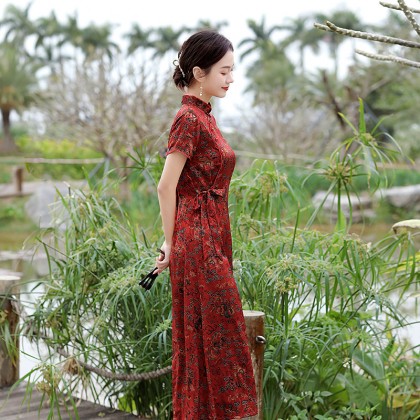 Hangzhou Vintage Faux Silk Red Cheongsam Dress 3045-28 Hangzhou Vintage Faux Silk Red Cheongsam Dress 3045-28